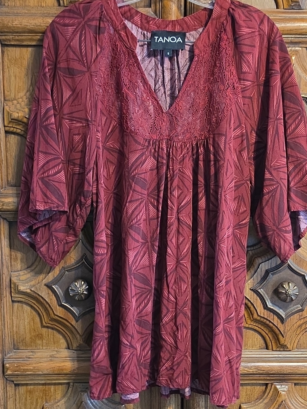 Tanoa Burgundy Patterned Boho Top with Crochet Yoke